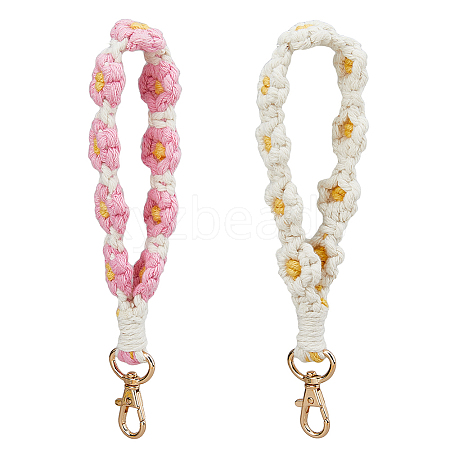 HOBBIESAY 2Pcs 2 Colors Cotton Handmade Braided Wrist Lanyard Pendant Decorations KEYC-HY0001-20-1