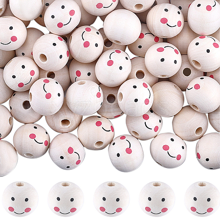 120Pcs Printed Natural Wood European Beads WOOD-GF0002-19A-1