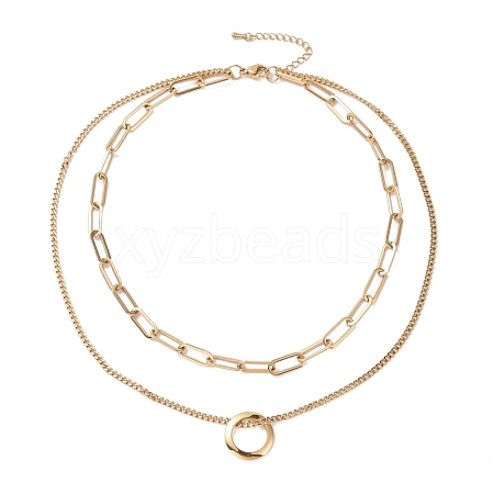 PVD Vacuum Plating 304 Stainless Steel Double Chains Multi Layered Necklace with Ring Charm for Women STAS-E155-17G-1