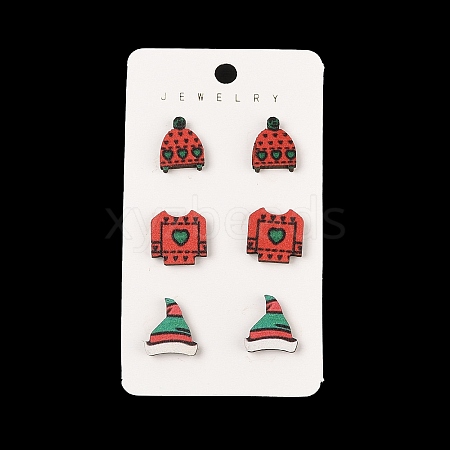 Christmas Theme Wood Stud Earrings EJEW-U016-06P-03-1