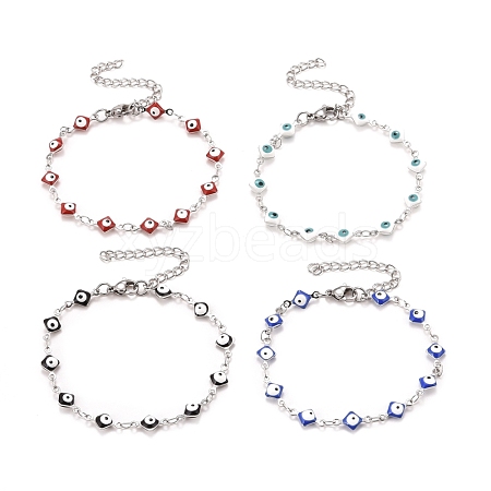 Enamel Rhombus with Evil Eye Link Chains Bracelet BJEW-P271-03P-1