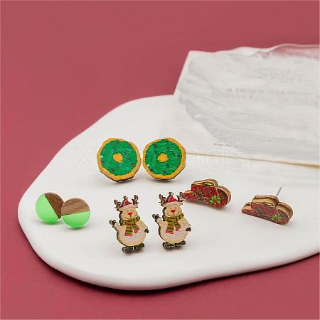 4 Pairs Snowman & Christmas Hat & Wreath Printed Wood Stud Earrings EJEW-OY001-06-1
