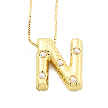 Brass & Plastic Pearl Letter Pendant Box Chain Necklaces for Women NJEW-U017-01G-14-1