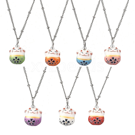 Porcelain Lucky Cat Pendant 304 Stainless Steel Twist Chain Necklaces for Women Men NJEW-JN05552-1