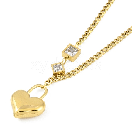 Ion Plating(IP) 304 Stainless Steel Pave Clear Cubic Zirconia Heart Lock Pendant Necklaces for Women NJEW-K276-25G-1