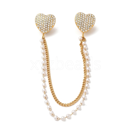 304 Stainless Steel Micro Pave Clear Cubic Zirconia & ABS Pearl Heart Hanging Chain Brooch JEWB-S021-09G-1