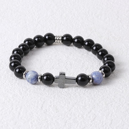 Round Natural Sodalite & Black Onyx & Cross Synthetic Non-magnetic Hematite Stretch Beaded Bracelet for Men LK6258-3-1