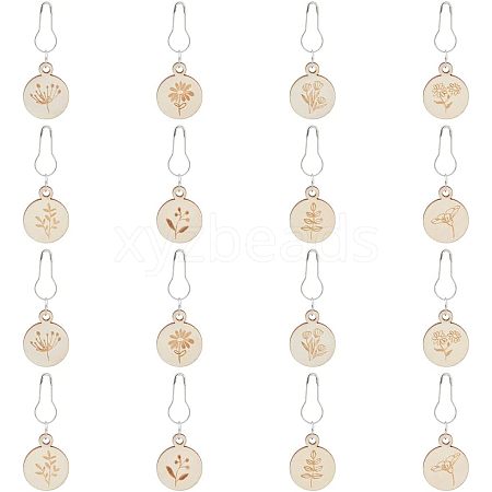 8Pcs 8 Style Flat Round with Flower Wood Charms Locking Stitch Marker HJEW-WH0042-32-1