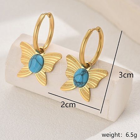 Stainless Steel & Synthetic Turquoise Butterfly Pendant Hoop Earrings for Women IV9966-1