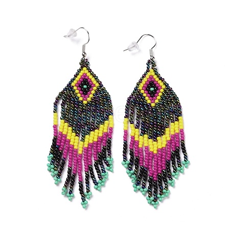 Glass Seed Braided Rhombus with Tassel Chandelier Earrings EJEW-H084-07P-1