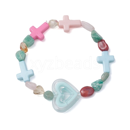 Natural Rose Quartz & Citrine & Carnelian & Amazonite & Red Aventurine & Acrylic Beaded Stretch Bracelets BJEW-JB10558-1