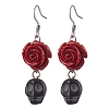 Halloween Synthetic Coral Red Flower & Synthetic Turquoise Black Skull Dangle Earrings EJEW-JE06069-S-2