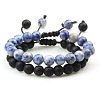 Adjustable Round Natural Blue Spot Jasper & Frosted Obsidian Braided Bead Bracelet Sets MW1099-3-1