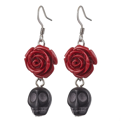 Halloween Synthetic Coral Red Flower & Synthetic Turquoise Black Skull Dangle Earrings EJEW-JE06069-S-1