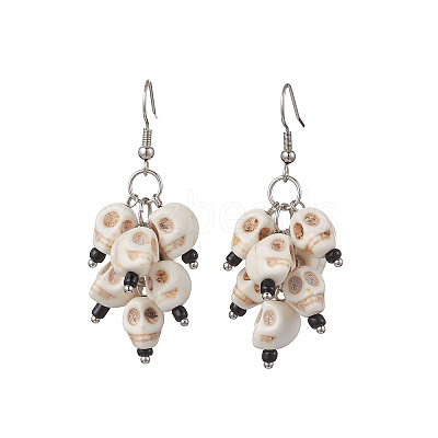 Halloween Theme Dyed Synthetic Turquoise Skull Dangle Earrings EJEW-TA00687-1