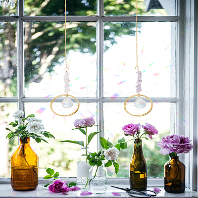 2Pcs Round Glass & Natural Rose Quartz & Amethyst Chips Hanging Suncatchers HJEW-LP00076-1