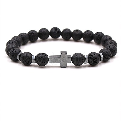 8MM Round Natural Lava Rock Beaded Stretch Bracelets with Synthetic Non-magnetic Hematite Cross FA1012-15-1