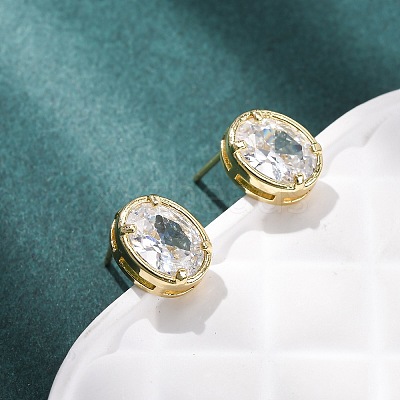 Brass Micro Pave Clear Cubic Zirconia Stud Earrings EJEW-C174-02E-G-1
