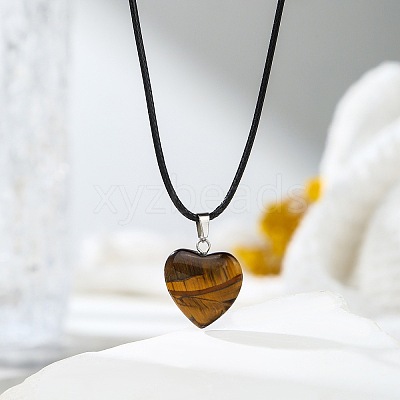 Natural Tiger EyeHeart Pendant Black Cord Necklaces LS-NI9317-14-1