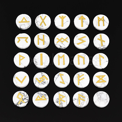 Brass Elder Futhark Alphabet Engraved Symbol Flat Round Natural Howlite Rune Stones G-I373-01F-1
