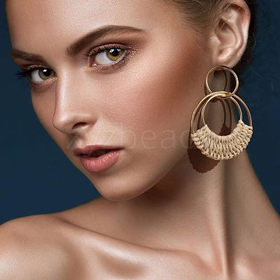 4Pairs Flat Round Alloy Raffia Dangle Stud Earrings FS-WG1ECDE-01-1