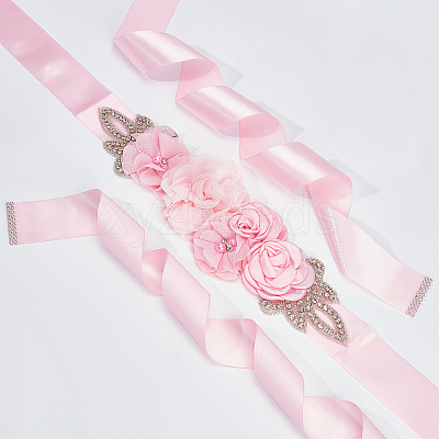 Rhinestone Flower with ABS Imitation Pearl Bridal Belt AJEW-WH0348-119A-1