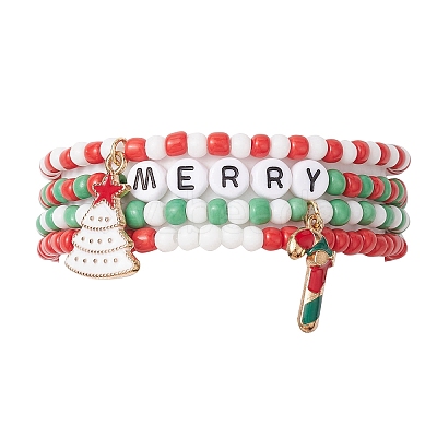 4Pcs 4 Styles Christmas 4mm Round Glass Seed Beaded Stretch Bracelet Sets BJEW-TA00500-1