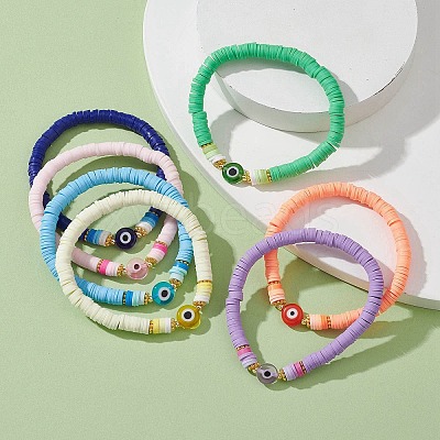 7Pcs 7 Color Polymer Clay Heishi Surfer Stretch Bracelets Set BJEW-JB09639-1