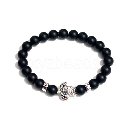 Natural Black Onyx Round Beaded Stretch Bracelet with Turtle UL4697-9-1