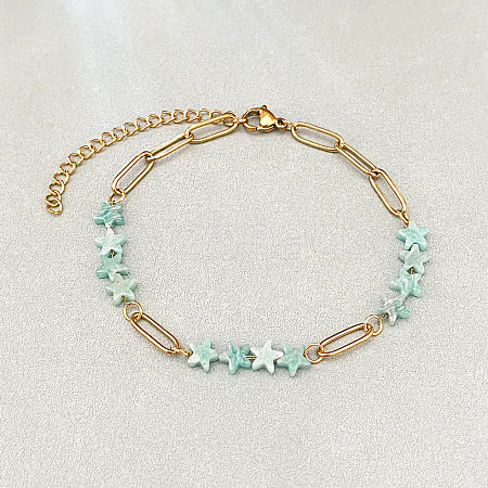Natural Amazonite Star Beaded Bracelets with 304 Stainless Steel Paperclip Chains WGC91F5-06-1