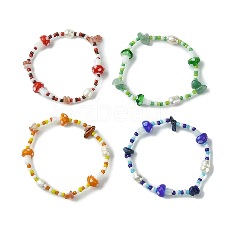 4Pcs 4 Style Natural Gemstone Chips & Lampwork Mushroom Beaded Stretch Bracelets BJEW-TA00442-1