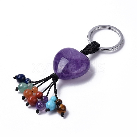 Natural Amethyst Heart with Mixed Gemstone Tassel Keychains KEYC-P012-03P-01-1