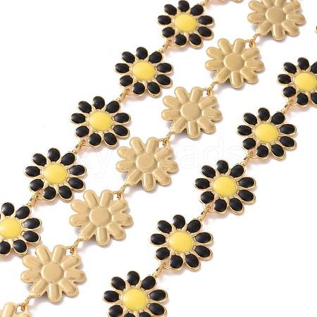 304 Stainless Steel Daisy Flower Link Chains with Enamel AJEW-J035-03G-12-1