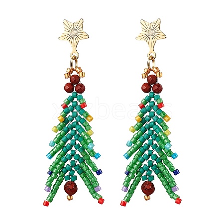 Christmas Tree Natural Red Jasper & Glass Seed Beads Dangle Stud Earrings for Women EJEW-MZ00157-1