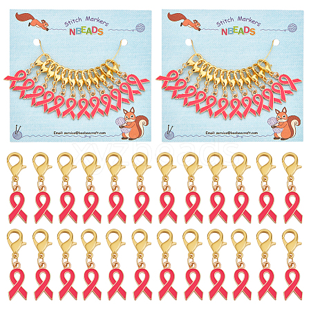 12Pcs Alloy Enamel Breast Cancer Awareness Ribbon Charm Locking Stitch Markers HJEW-PH01685-1