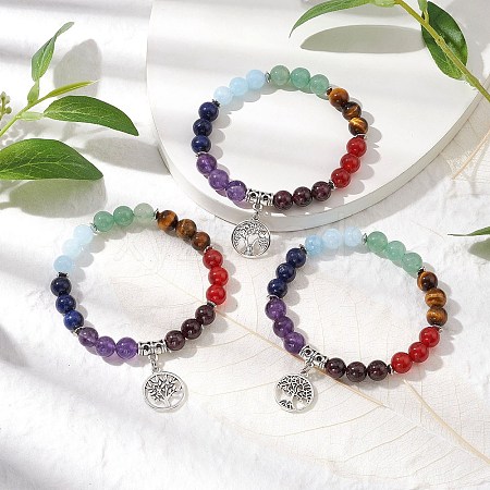 3Pcs 3 Styles Chakra Gemstone Beaded Stretch Bracelets BJEW-JB10204-1