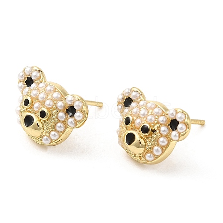 Brass Enamel Bear Stud Earrings with Plastic Pearl Beaded KK-M249-31G-1