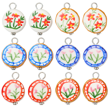 12Pcs 6 Styles Handmade Printed Porcelain Pendants PALLOY-SW00123-1