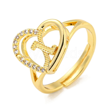 Heart with Letter Rack Plating Brass Micro Pave Cubic Zirconia Adjustable Rings for Women RJEW-I105-06G-X-1