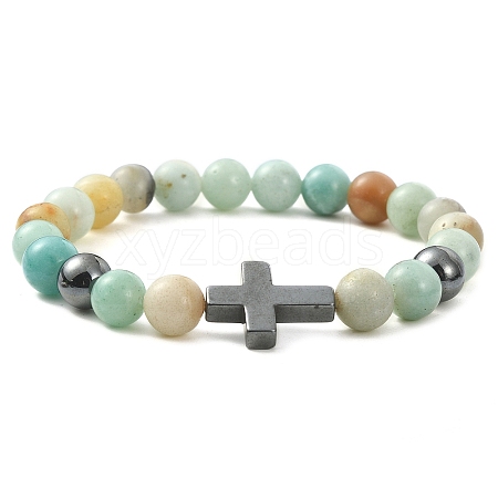 Natural Flower Amazonite & Synthetic Hematite Corss Beaded Stretch Bracelets BJEW-JB09845-02-1