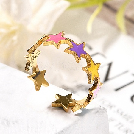 201 Stainless Steel Enamel Open Cuff Ring for Women RJEW-A053-03G-03-1