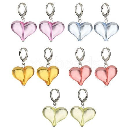 5 Pair 5 Color Acrylic Heart Dangle Leverback Earrings EJEW-TA00254-1