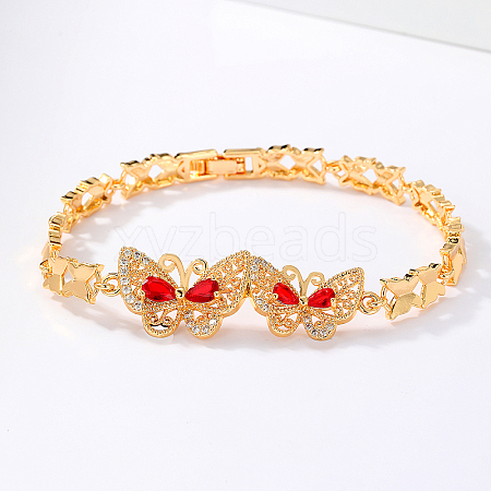 Fashionable Casual Real 18K Gold Plated Butterfly Brass Pave Red & Clear Cubic Zirconia Bracelets for Women KZ2658-1