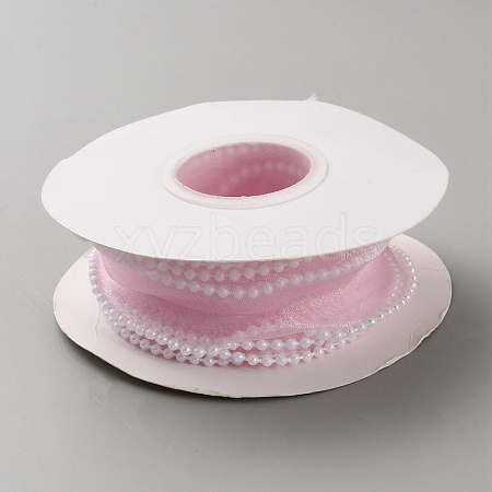 5 Yards Organza Ribbon with Plastic Pearl Beads OCOR-WH0091-58A-1