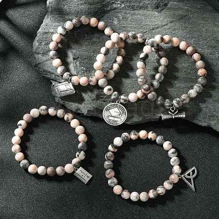 5Pcs 5 Style Natural Pink Zebra Jasper Round Beaded Stretch Bracelets Set BJEW-JB09792-S-1