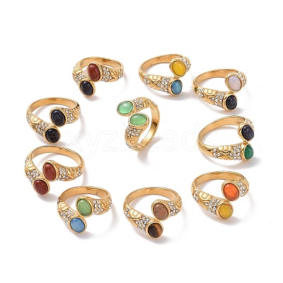 Gemstone Oval Open Cuff Ring with Crystal Rhinestone STAS-E168-10C-G-1