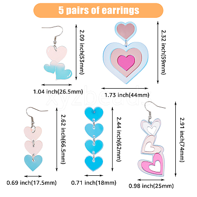 3 pairs 3 style Acrylic Heart Dangle Stud Earrings with Steel Iron Pins for Women EJEW-FI0001-65-1