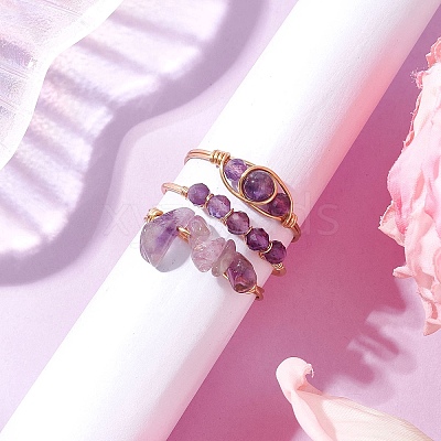 3Pcs Natural Amethyst Bead Finger Ring RJEW-JR00855-02-1