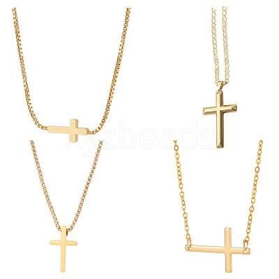 4Pcs 4 Styles Brass & 304 Stainless Steel Sideways Cross Box Chain Necklaces for Women NJEW-UN0001-67-1