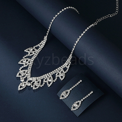 Leaf Brass Pave Clear Cubic Zirconia & Rhinestone Pendant Necklaces & Stud Earrings Sets FS-WG35E42-01-1